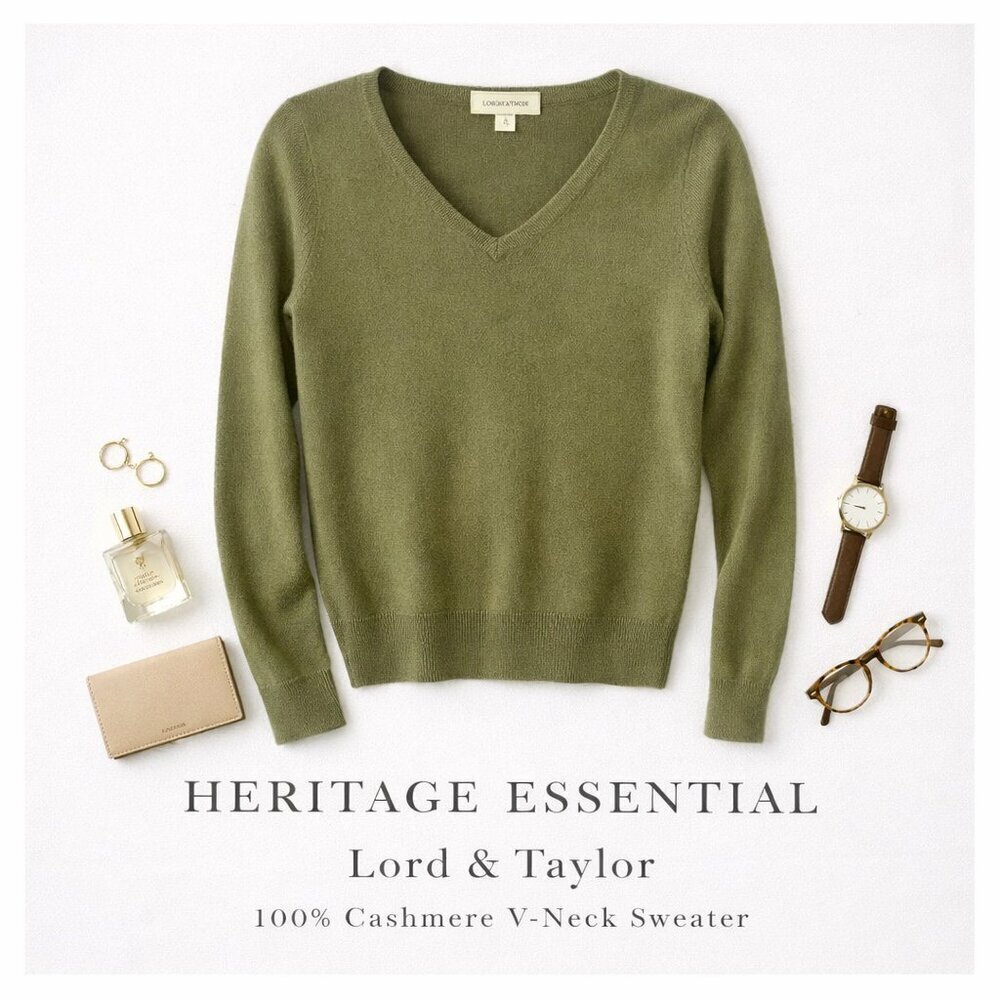 Lord & Taylor 100% Cashmere V-Neck Pullover Sweater Olive Green XS Luxury Knit